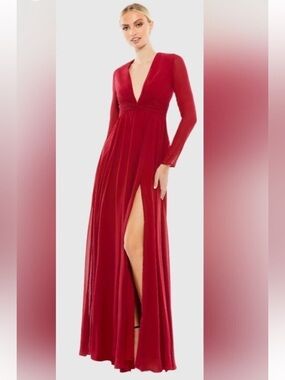 Mac Duggal Red Long Sleeve Deep V Maxi Gown with Thigh Slit